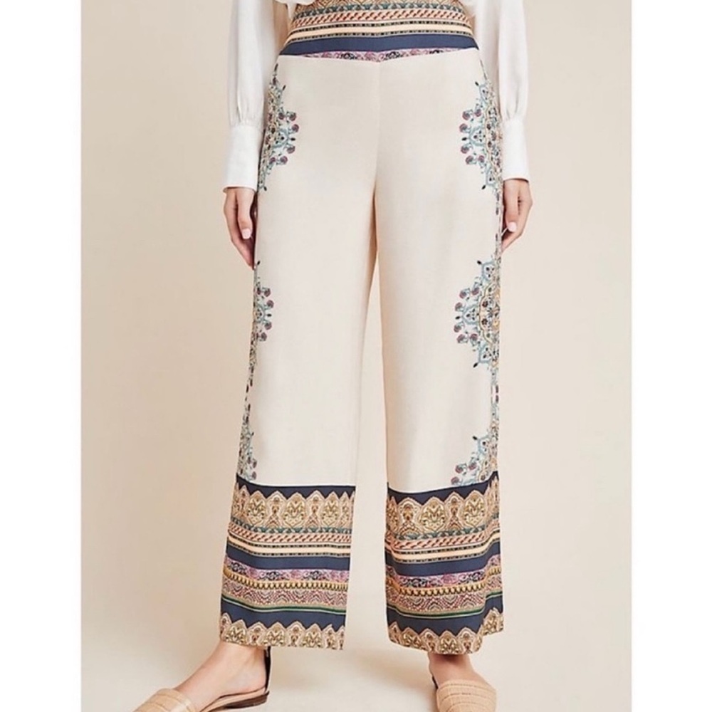 Farm Rio Wide Leg Pants Flare XS Boho Mandala Anthropologie High Waist Cream
